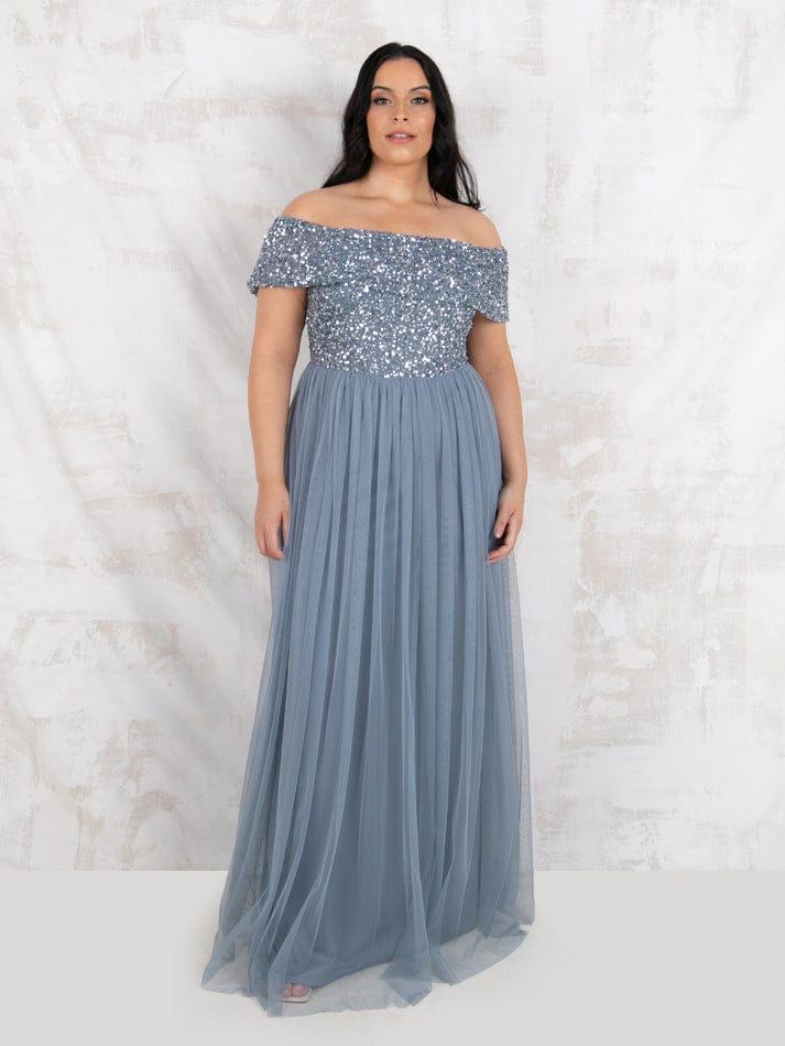 Elegant Off-Shoulder Sequin Bodice Grey Maxi Dress for Women | Party & Evening Gown