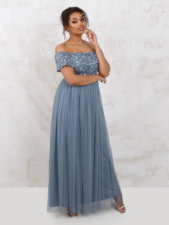 Elegant Off-Shoulder Sequin Bodice Grey Maxi Dress for Women | Party & Evening Gown