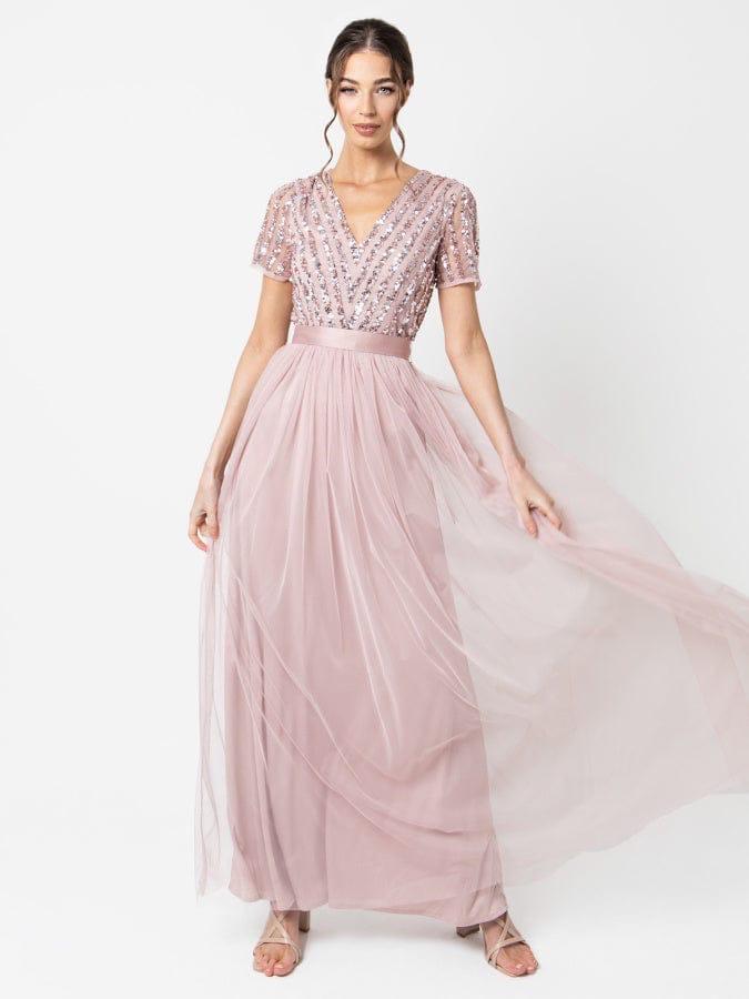 Elegant Blush Pink Sequin Embellished Tulle Maxi Dress for Women