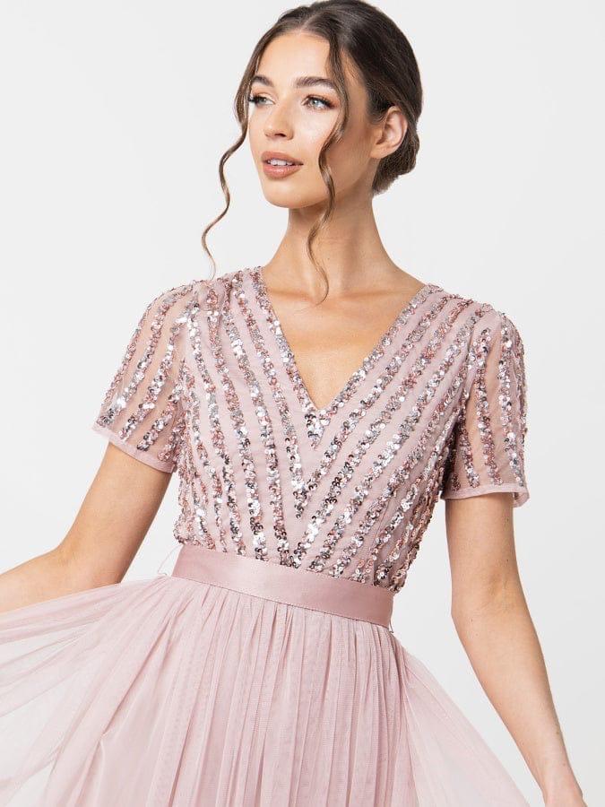 Elegant Blush Pink Sequin Embellished Tulle Maxi Dress for Women