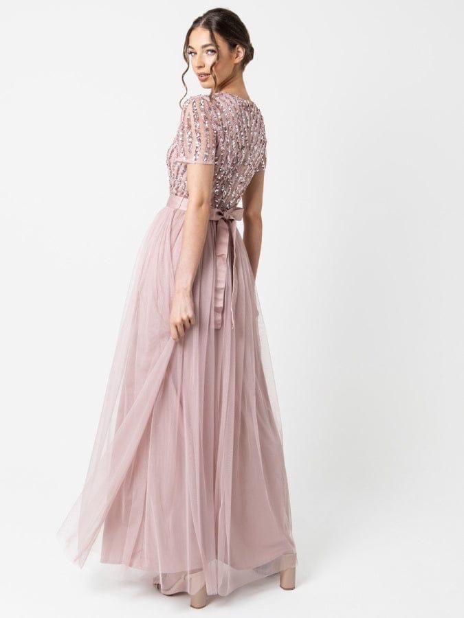 Elegant Blush Pink Sequin Embellished Tulle Maxi Dress for Women