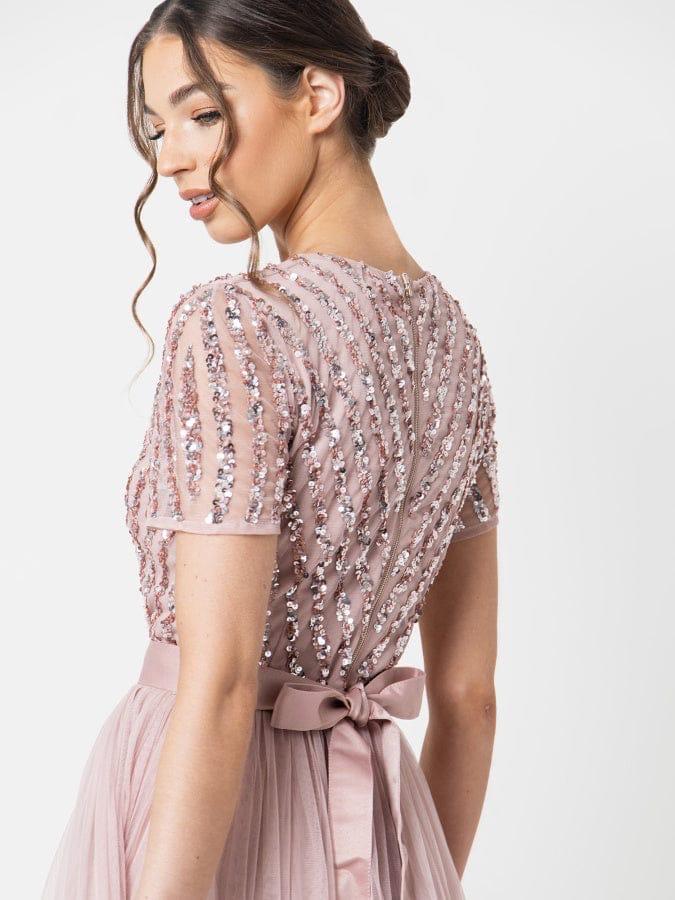 Elegant Blush Pink Sequin Embellished Tulle Maxi Dress for Women