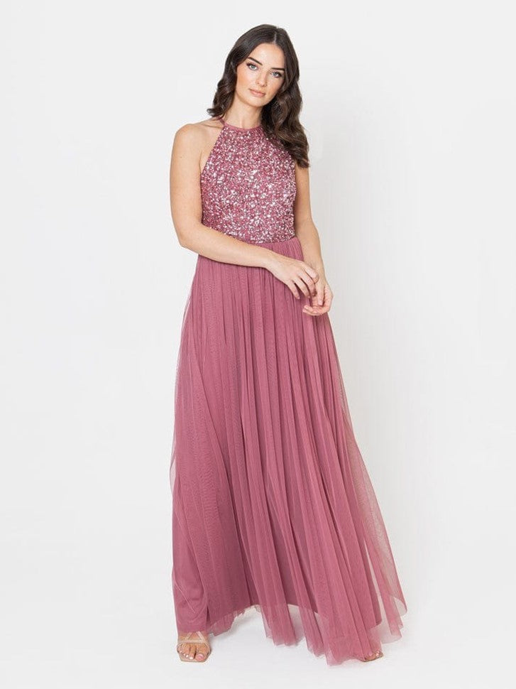 Women’s Dusty Rose Sequin Halter Neck Maxi Dress – Elegant Party & Evening Gown