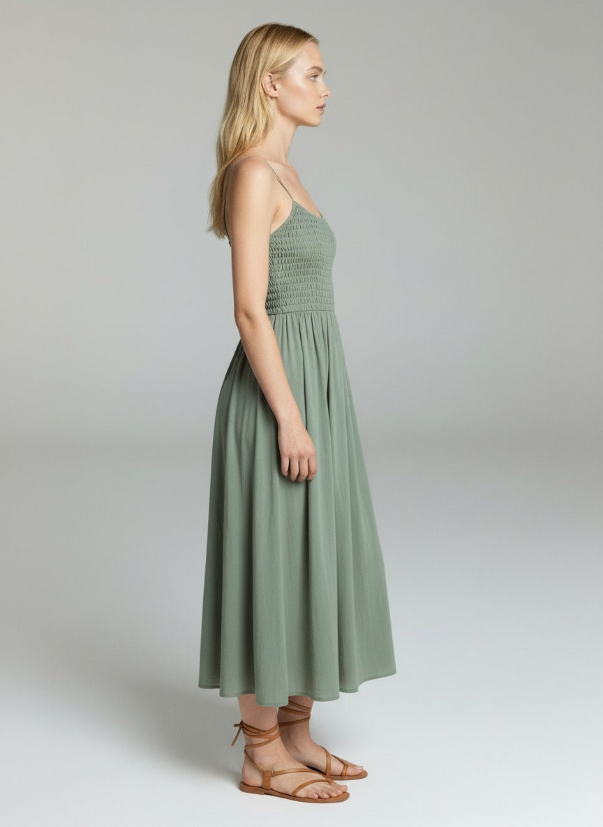 Olive Green Smocked Maxi Dress for Women – Sleeveless Spaghetti Strap Casual Summer Long Dress