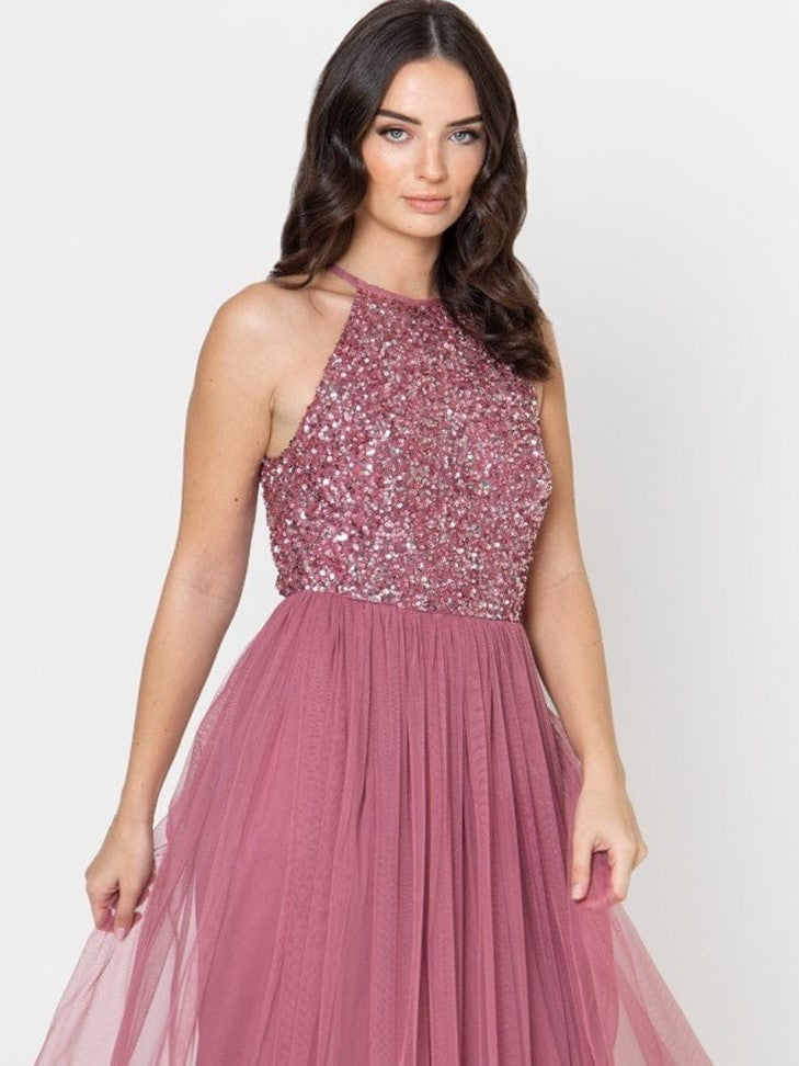 Women’s Dusty Rose Sequin Halter Neck Maxi Dress – Elegant Party & Evening Gown