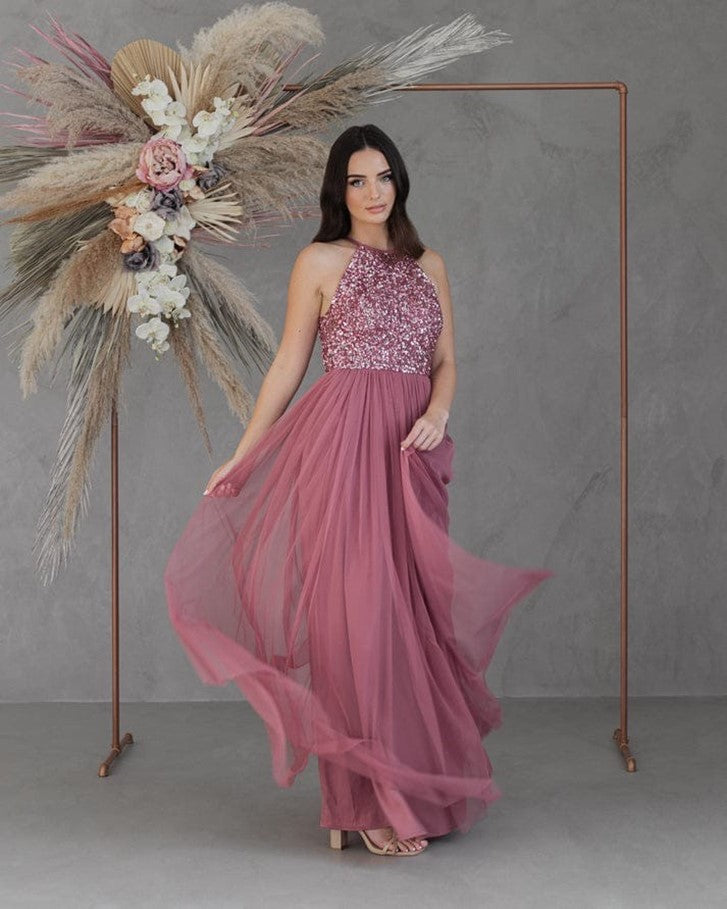 Women’s Dusty Rose Sequin Halter Neck Maxi Dress – Elegant Party & Evening Gown