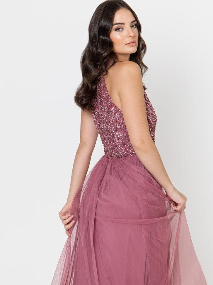 Women’s Dusty Rose Sequin Halter Neck Maxi Dress – Elegant Party & Evening Gown