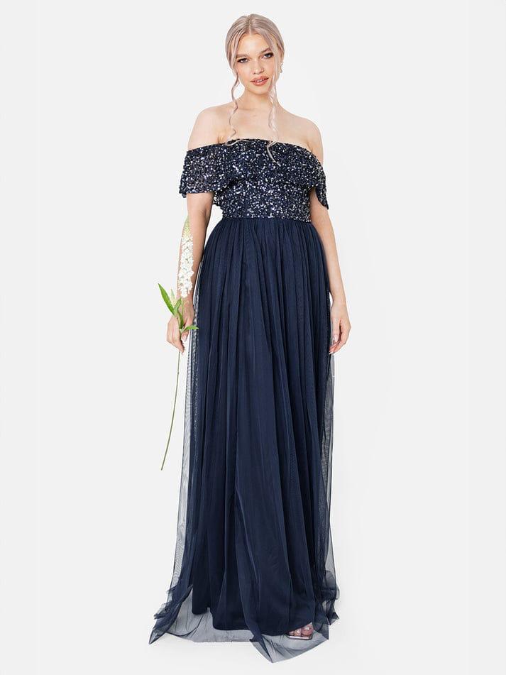 Elegant Navy Blue Off-Shoulder Sequin Evening Gown – Floor-Length Party & Wedding Dress