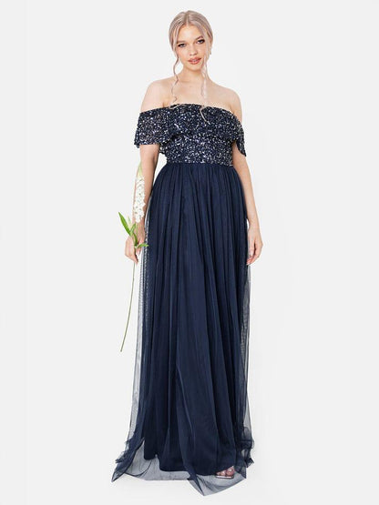 Elegant Navy Blue Off-Shoulder Sequin Evening Gown – Floor-Length Party & Wedding Dress