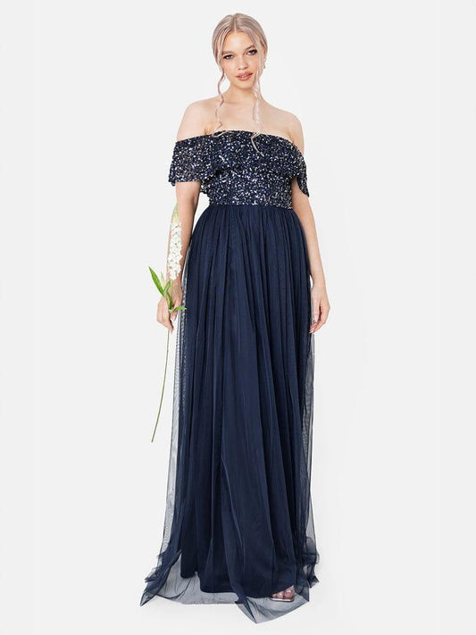 Elegant Navy Blue Off-Shoulder Sequin Evening Gown – Floor-Length Party & Wedding Dress