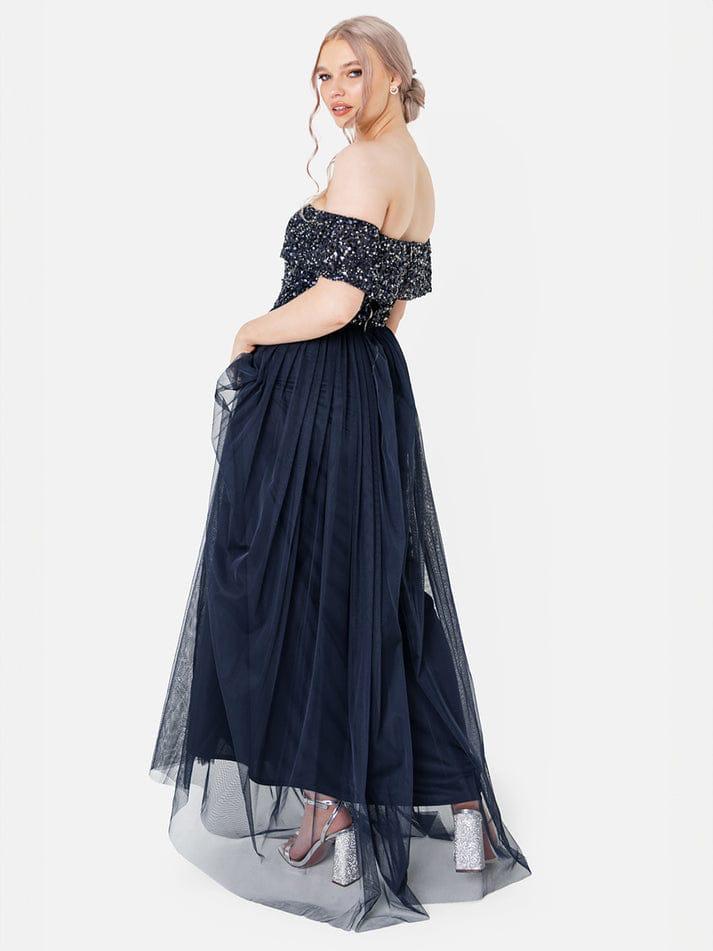 Elegant Navy Blue Off-Shoulder Sequin Evening Gown – Floor-Length Party & Wedding Dress