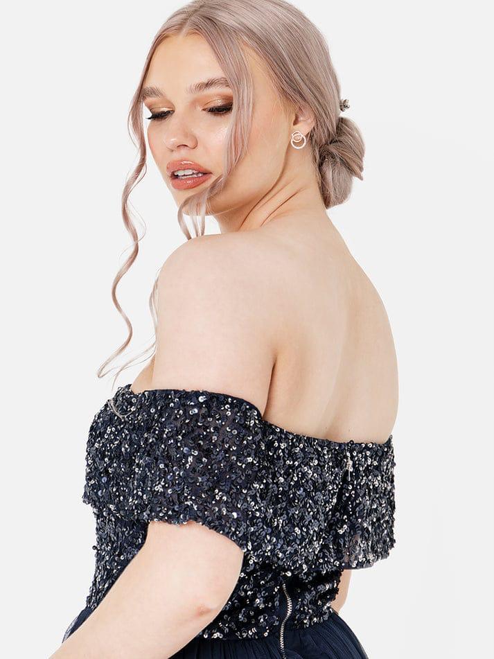 Elegant Navy Blue Off-Shoulder Sequin Evening Gown – Floor-Length Party & Wedding Dress