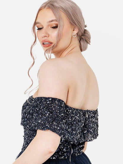 Elegant Navy Blue Off-Shoulder Sequin Evening Gown – Floor-Length Party & Wedding Dress