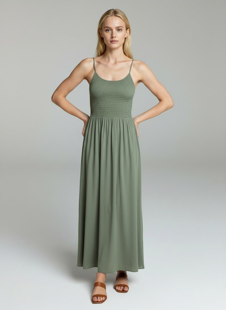 Olive Green Smocked Maxi Dress for Women – Sleeveless Spaghetti Strap Casual Summer Long Dress