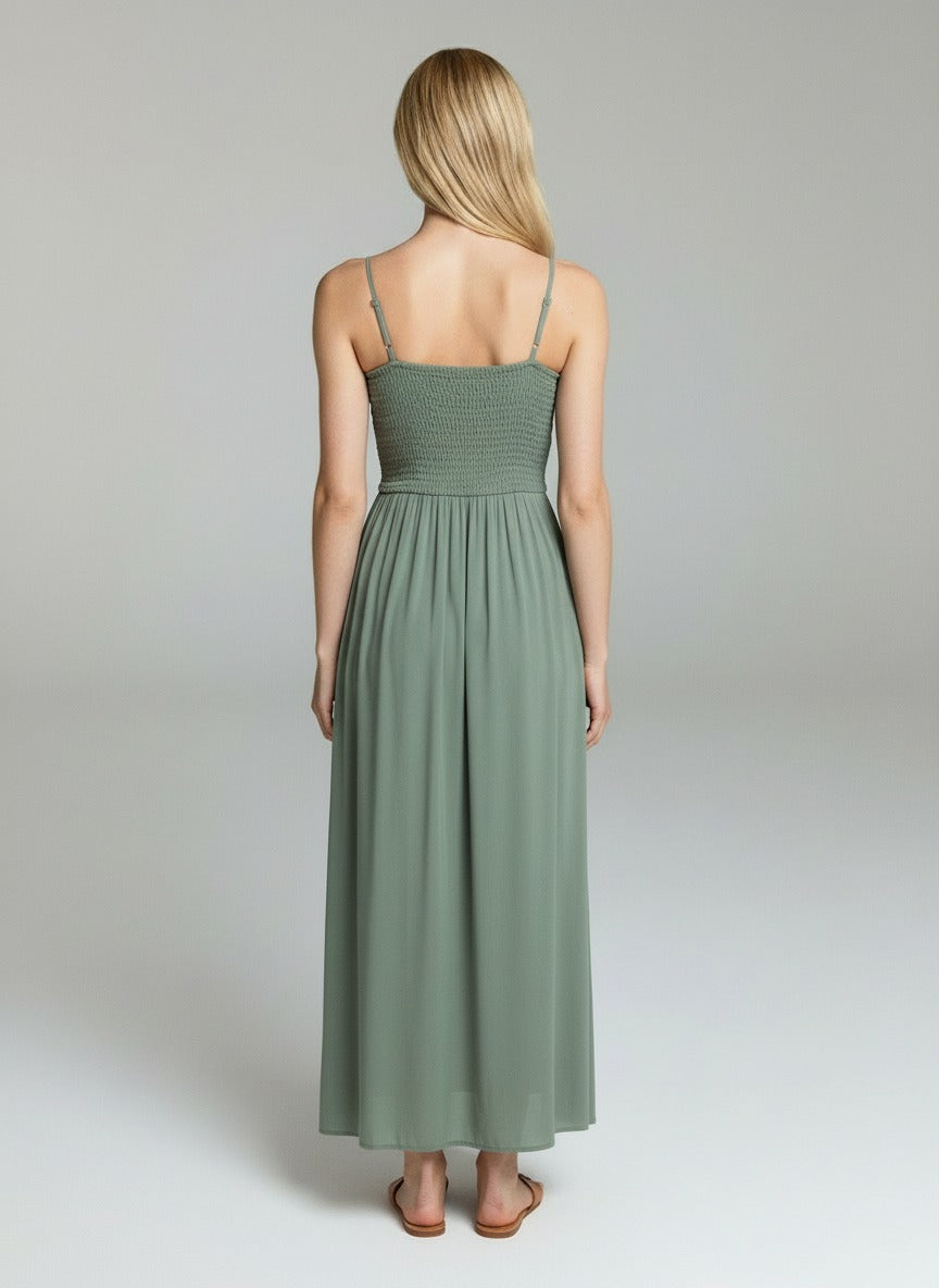 Olive Green Smocked Maxi Dress for Women – Sleeveless Spaghetti Strap Casual Summer Long Dress