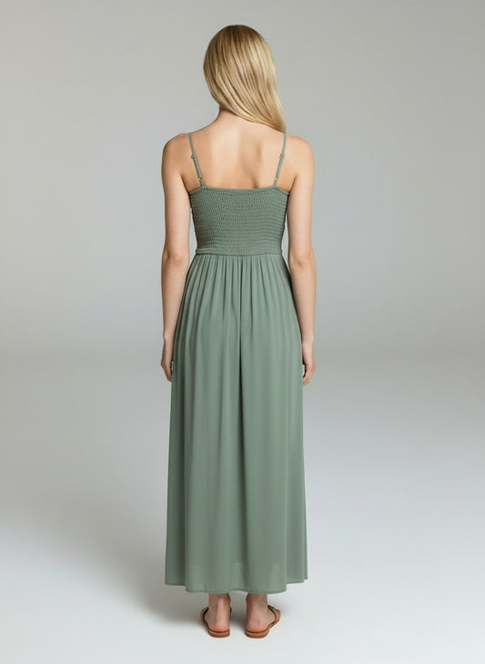 Olive Green Smocked Maxi Dress for Women – Sleeveless Spaghetti Strap Casual Summer Long Dress