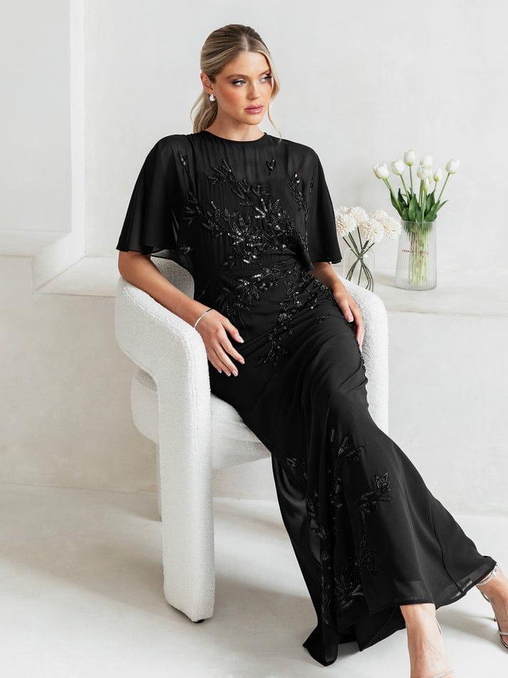 Elegant Black Sequin Embroidered Maxi Dress for Women – Party & Evening Wear