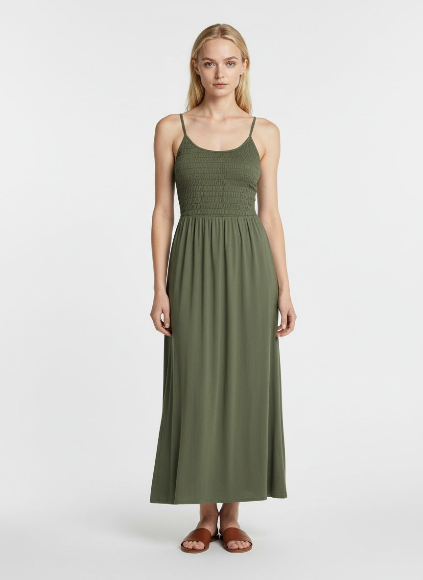 Olive Green Smocked Maxi Dress for Women – Sleeveless Spaghetti Strap Casual Summer Long Dress