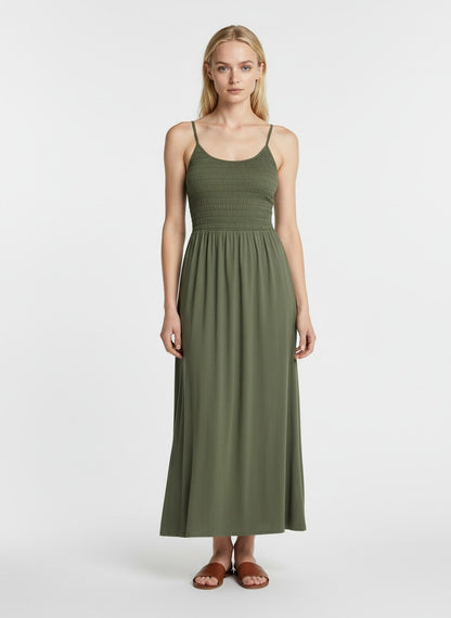 Olive Green Smocked Maxi Dress for Women – Sleeveless Spaghetti Strap Casual Summer Long Dress