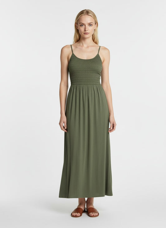 Olive Green Smocked Maxi Dress for Women – Sleeveless Spaghetti Strap Casual Summer Long Dress