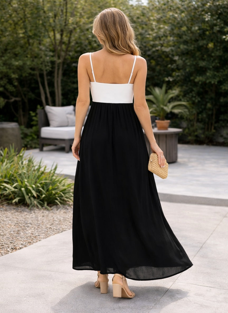 Elegant Black & White Spaghetti Strap Maxi Dress for Women – Summer Casual Flowy Long Dress
