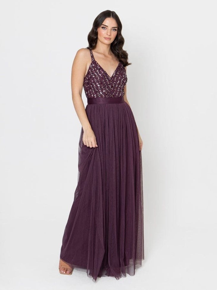 Elegant Wine Sequin Bodice Maxi Gown for Women – Sleeveless Party & Evening Dress