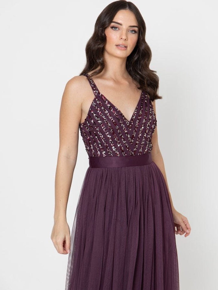 Elegant Wine Sequin Bodice Maxi Gown for Women – Sleeveless Party & Evening Dress