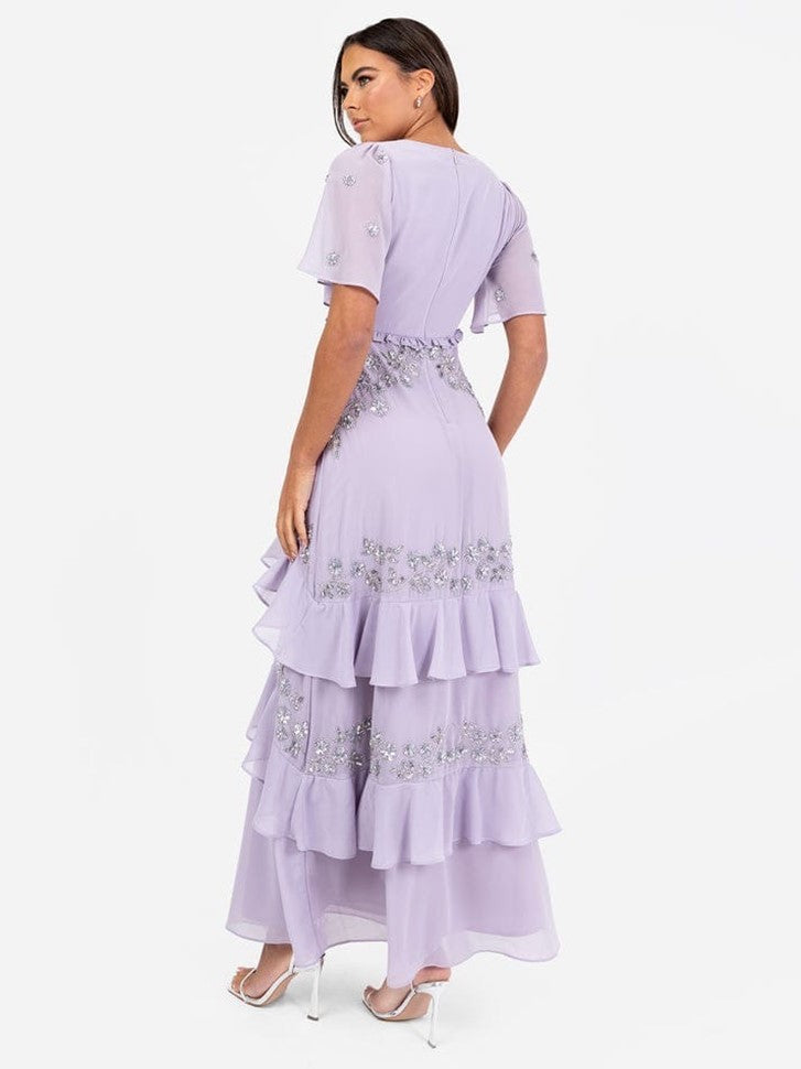 Elegant Lavender Embroidered Ruffle Maxi Dress for Women – Party & Evening Wear