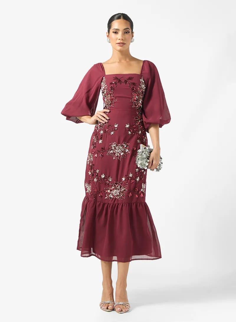 Elegant Wine Red Embroidered Midi Dress for Women | Floral Sequin Party & Wedding Wear