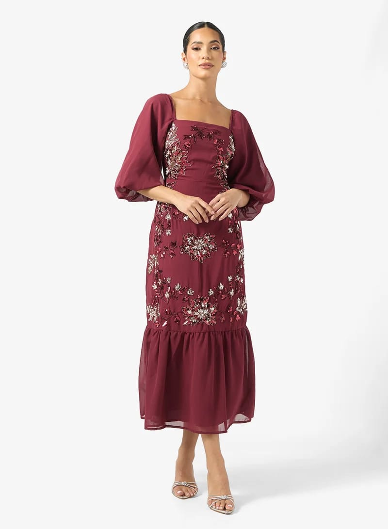 Elegant Wine Red Embroidered Midi Dress for Women | Floral Sequin Party & Wedding Wear