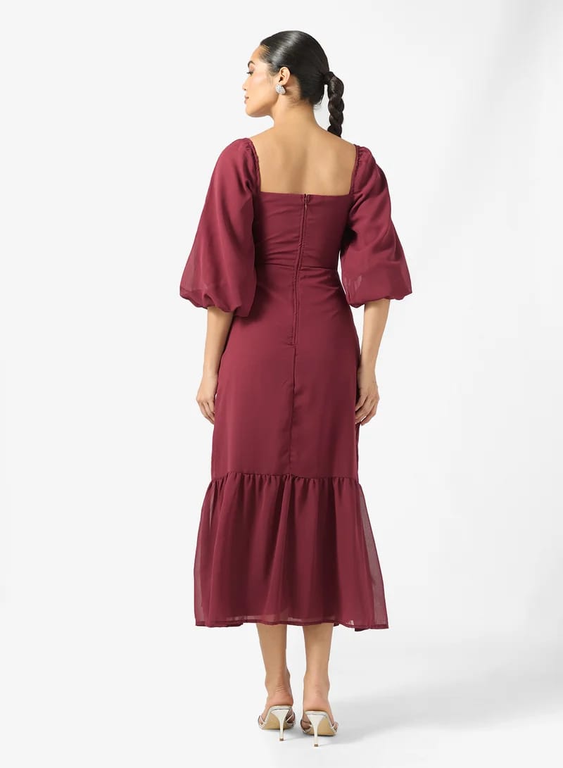 Elegant Wine Red Embroidered Midi Dress for Women | Floral Sequin Party & Wedding Wear