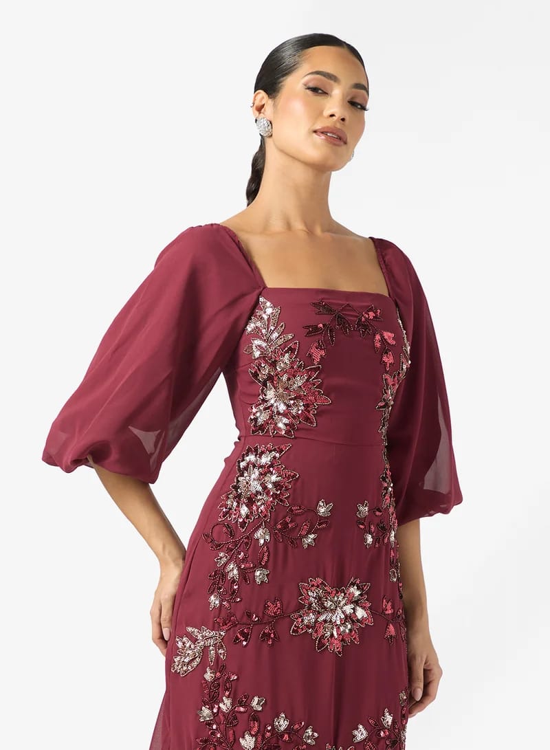 Elegant Wine Red Embroidered Midi Dress for Women | Floral Sequin Party & Wedding Wear