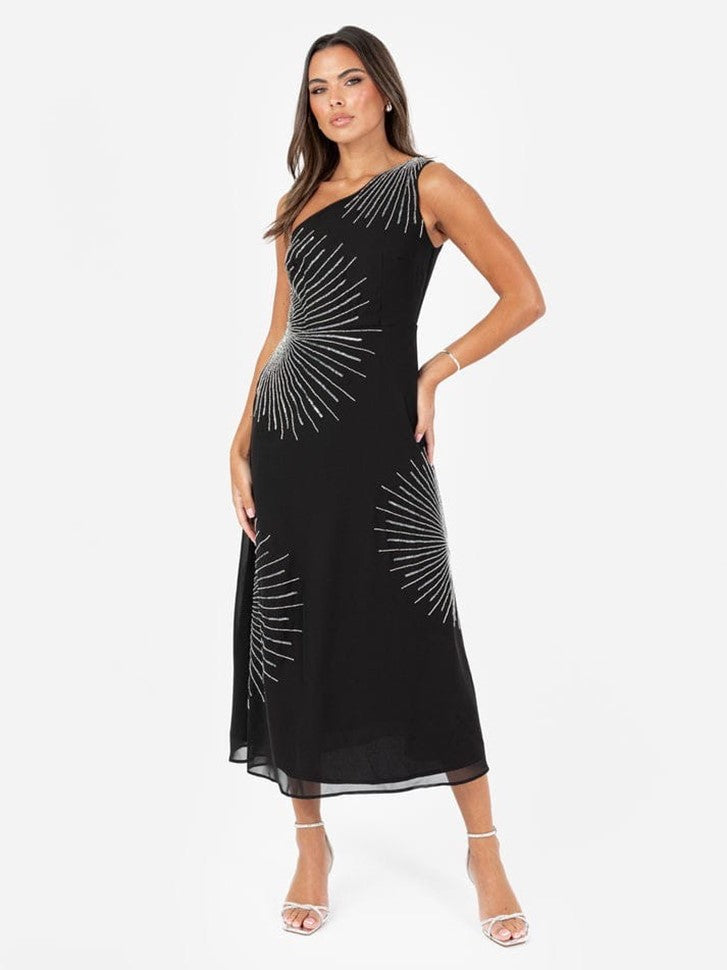 Black One-Shoulder Embellished Midi Dress for Women – Elegant Party & Evening Wear with Silver Starburst Detail