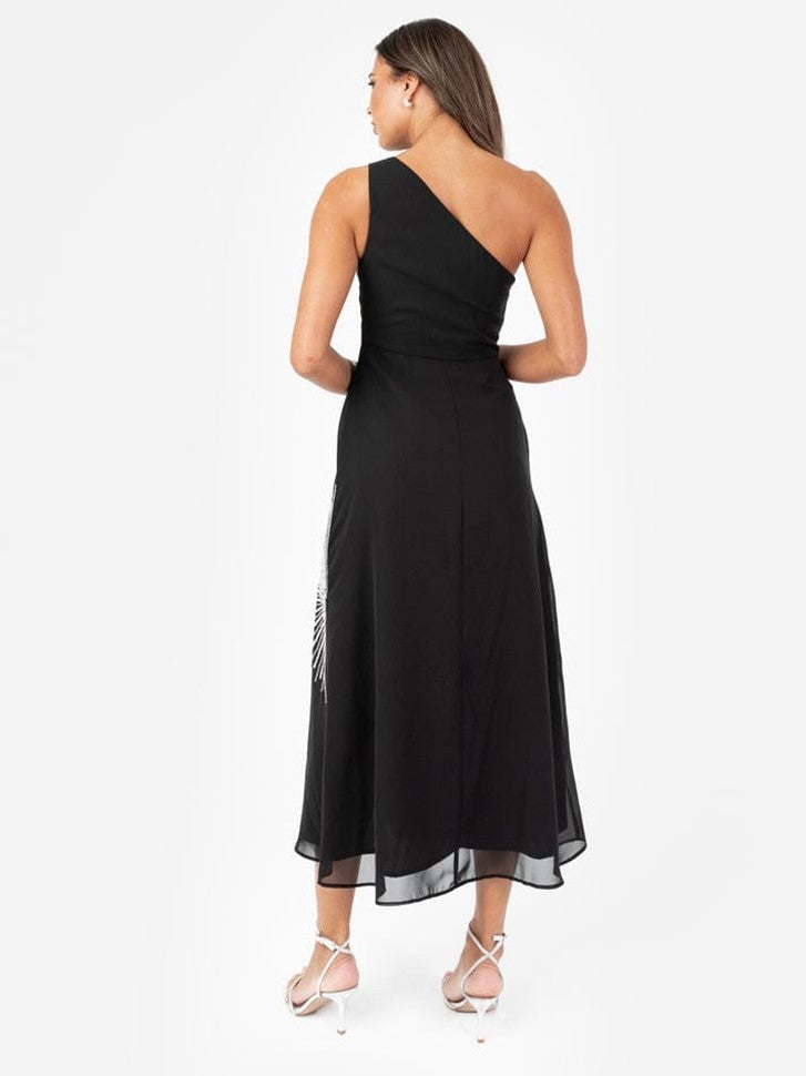Black One-Shoulder Embellished Midi Dress for Women – Elegant Party & Evening Wear with Silver Starburst Detail