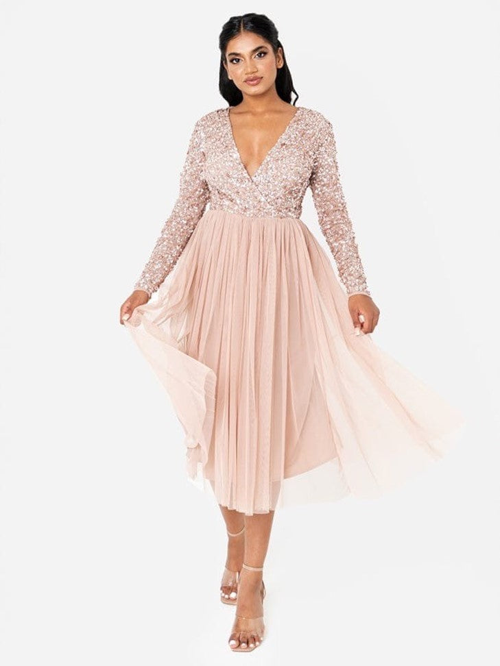 Blush Pink Sequin Embellished Midi Dress with Long Sleeves & Tulle Skirt – Elegant Party Wear