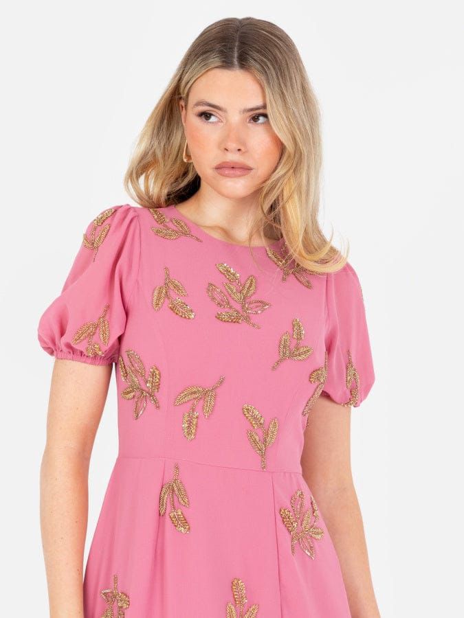 Elegant Pink Embroidered Midi Dress for Women – Party & Occasion Wear