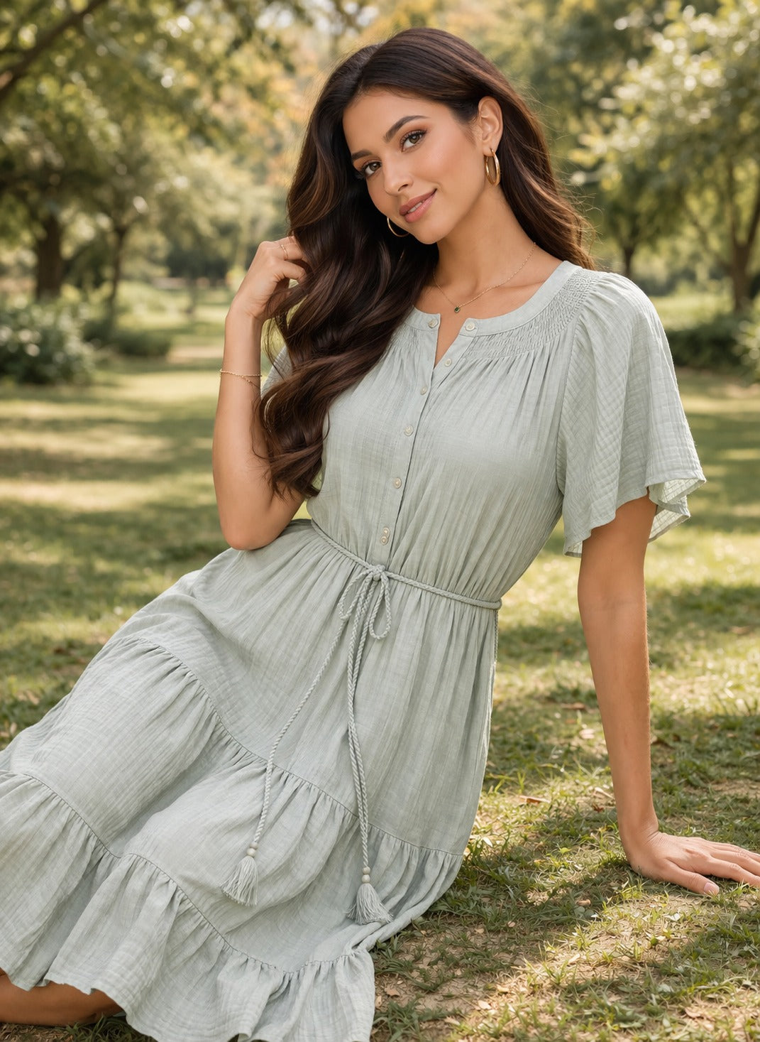 Sage Green Tiered Midi Dress for Women – Summer Casual Wear
