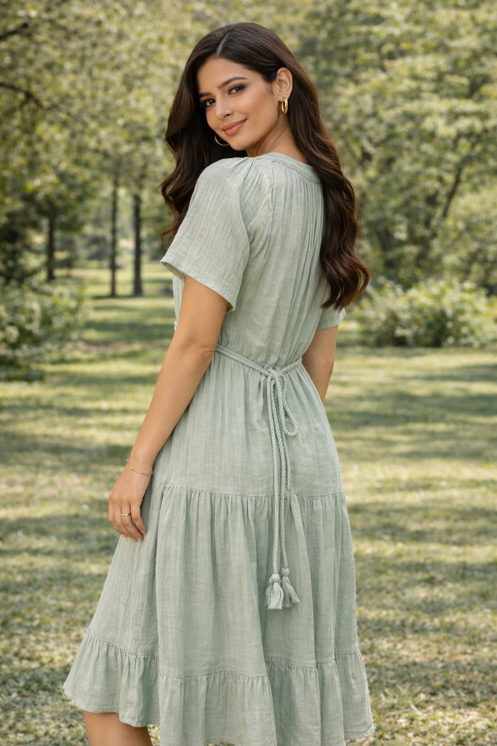 Sage Green Tiered Midi Dress for Women – Summer Casual Wear