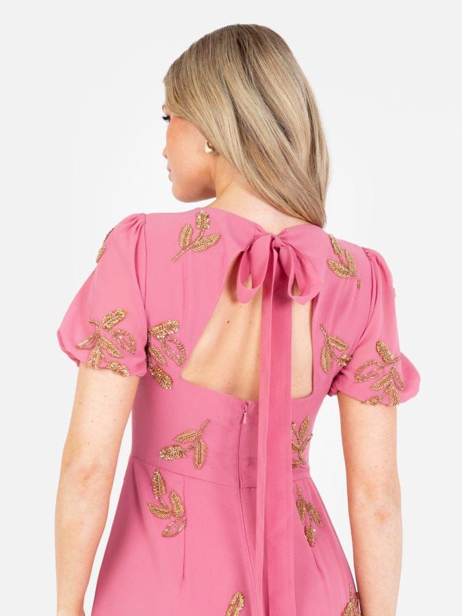 Elegant Pink Embroidered Midi Dress for Women – Party & Occasion Wear