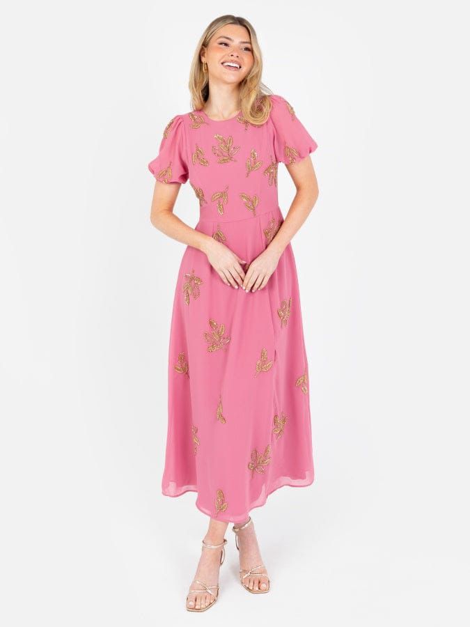 Elegant Pink Embroidered Midi Dress for Women – Party & Occasion Wear