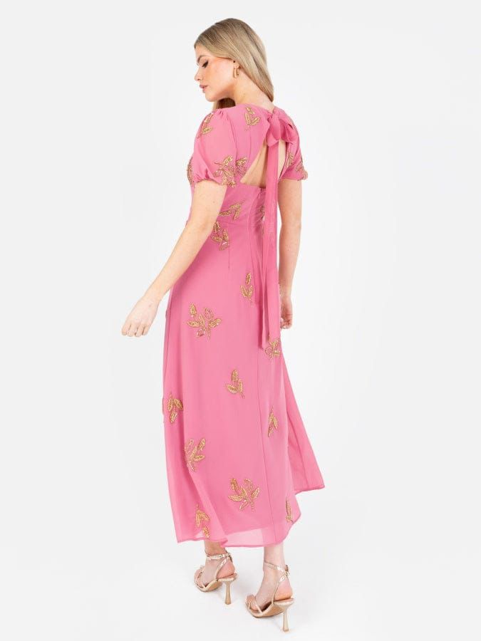 Elegant Pink Embroidered Midi Dress for Women – Party & Occasion Wear