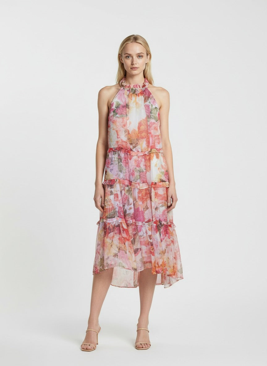 Elegant Floral Tiered Midi Dress for Women – Sleeveless Halter Neck Summer Party Dress