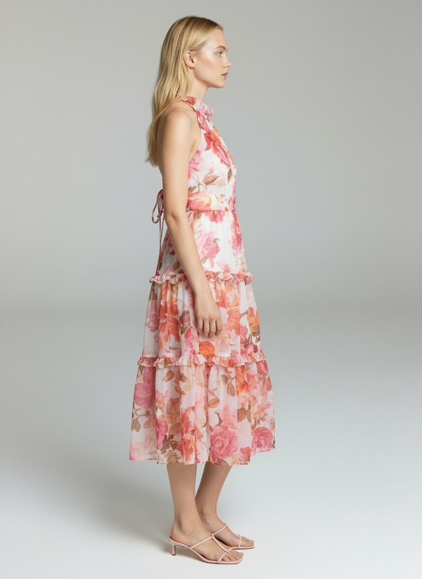 Elegant Floral Tiered Midi Dress for Women – Sleeveless Halter Neck Summer Party Dress