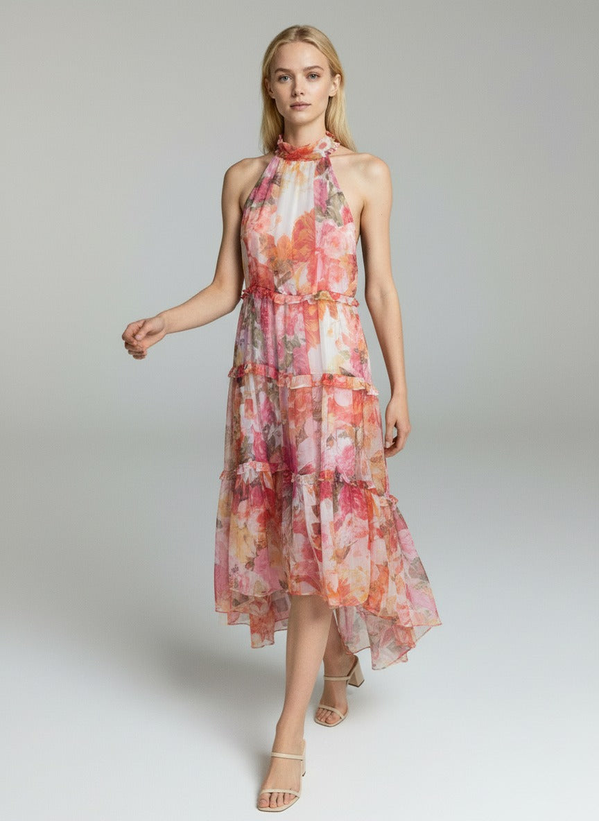 Elegant Floral Tiered Midi Dress for Women – Sleeveless Halter Neck Summer Party Dress