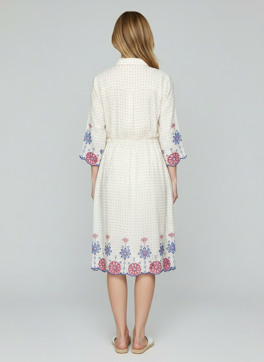 Elegant Off-White Cotton Midi Dress for Women with Floral Embroidery & Tassels