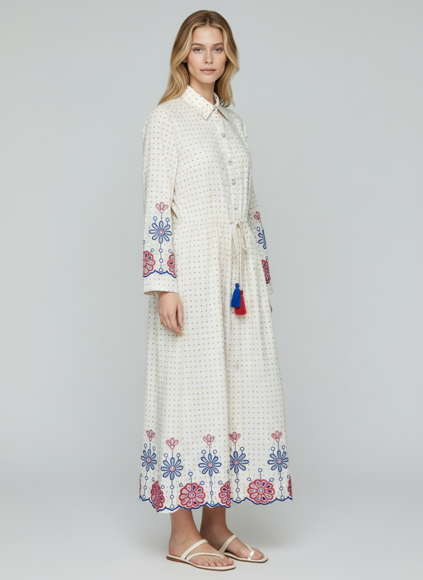 Elegant Off-White Cotton Midi Dress for Women with Floral Embroidery & Tassels