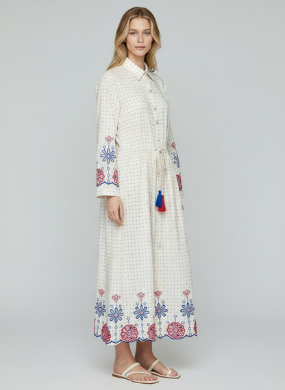 Elegant Off-White Cotton Midi Dress for Women with Floral Embroidery & Tassels