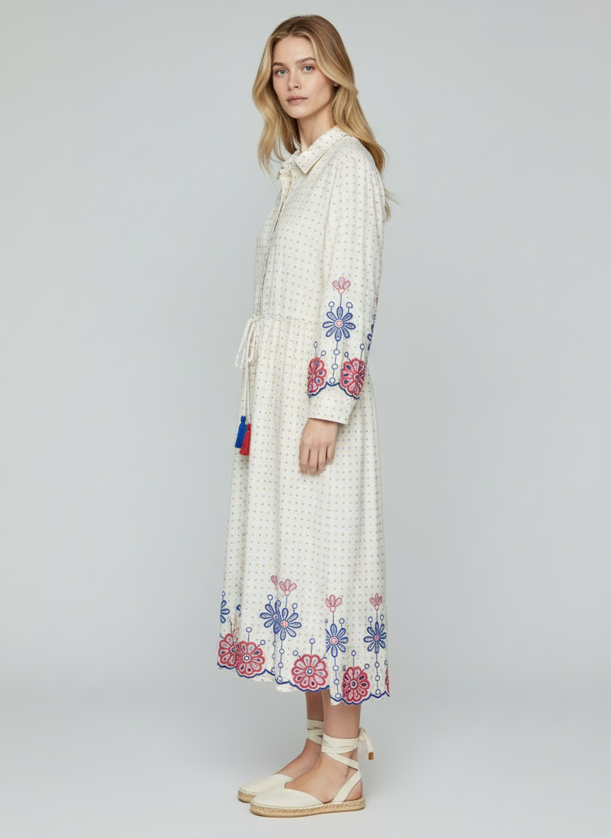 Elegant Off-White Cotton Midi Dress for Women with Floral Embroidery & Tassels