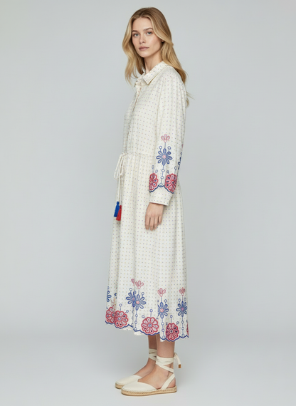 Elegant Off-White Cotton Midi Dress for Women with Floral Embroidery & Tassels