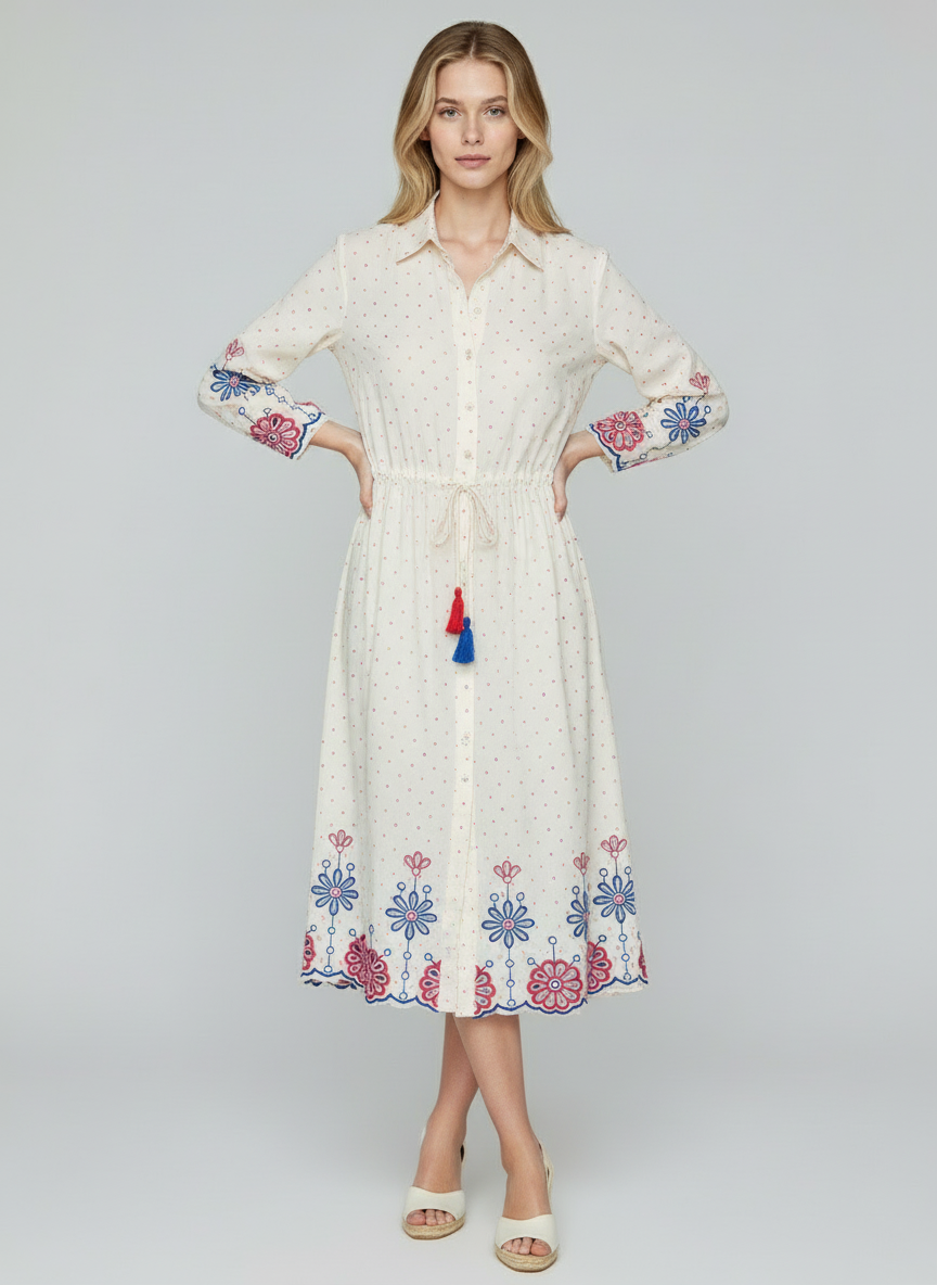 Elegant Off-White Cotton Midi Dress for Women with Floral Embroidery & Tassels